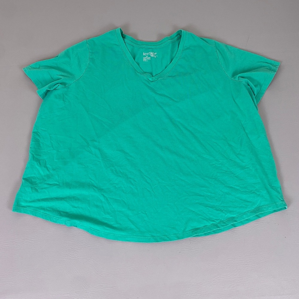 Terra & Sky T-Shirt Plus Size 3X 24W-26W Green V-Neck Short‎ Sleeve Cotton Modal